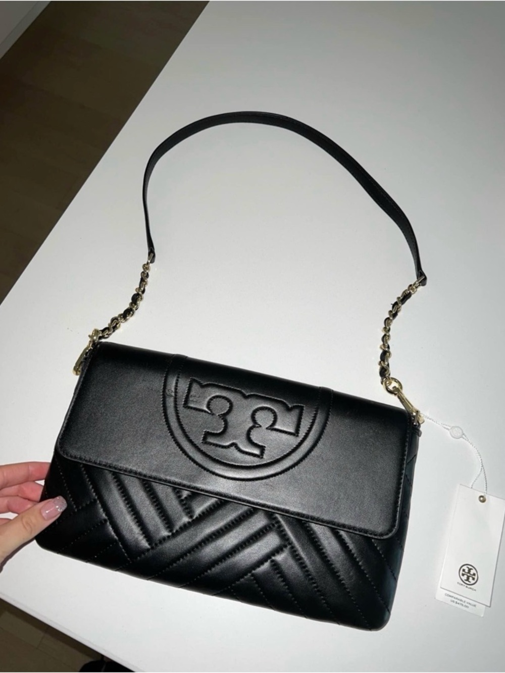 Tory Burch Black Quilted Logo Shoulder Bag with Chain Strap